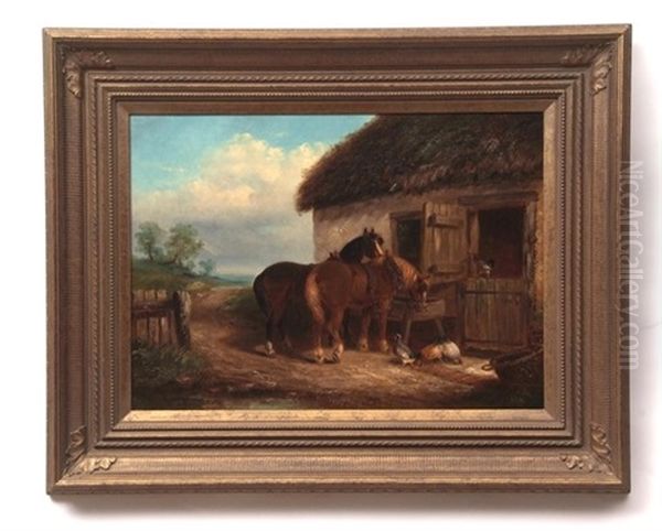 Horses And Chickens Before A Stable Door Oil Painting by Thomas Smythe