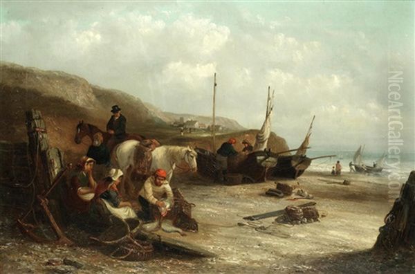 Shore Scene With Fisherfolk Oil Painting by Thomas Smythe