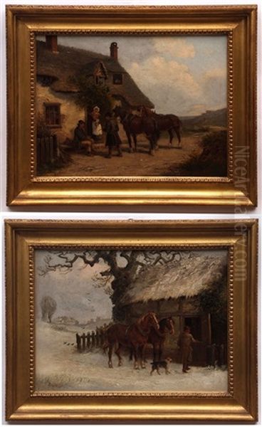 Figures And Horses Before The Swan Inn And Winter Landscape With Figure Oil Painting by Thomas Smythe