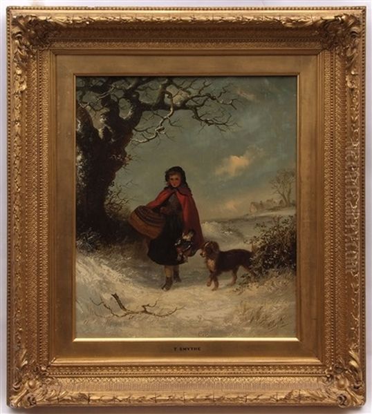 Winter Landscape With Young Girl Wearing Red Cloak Carrying Basket And Brace Of Partridge With Dog Oil Painting by Thomas Smythe