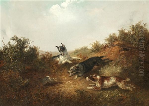 Three Dogs Chasing A Rabbit Down A Hole (+ Digging Out A Warren Path; Pair) Oil Painting by Thomas Smythe