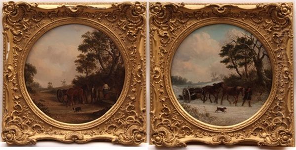 Winter Landscape With Horse-drawn Log Cart, Figure And Dog (2) Oil Painting by Thomas Smythe