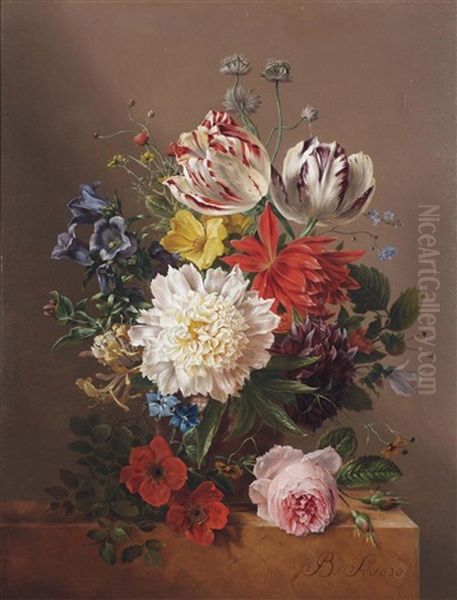 Tulips, Roses, Peonies And Other Flowers In A Vase On A Stone Ledge Oil Painting by Maria Geertruida Snabilie