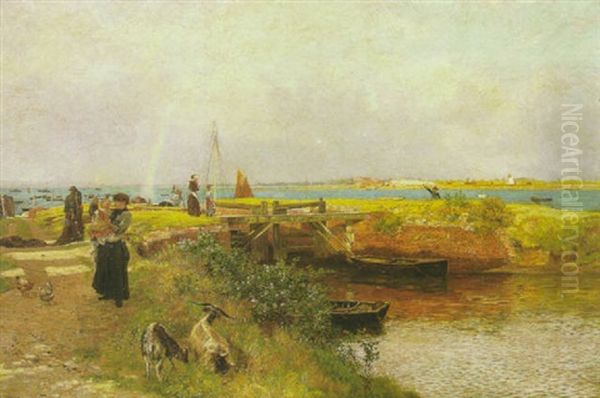 An Estuary Scene With A Mother And Child And Other Figures By A Lock Oil Painting by Martin Snape