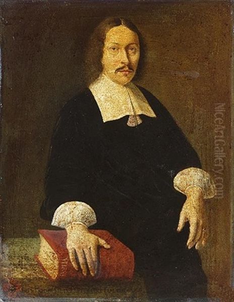 Portrait Of Rudolfus Capellus, In Black Costume With A Lawn Collar, At A Draped Table With His Right Hand Resting On A Bible Oil Painting by Abraham Snaphaen