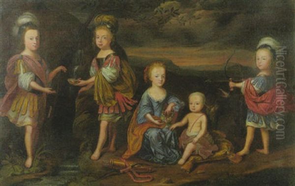 Funf Kinder Der Furstlichen Familie Anhalt Mit Ihrem Jagdhund Vor Hugellandschaft Bei Einem Quell Oil Painting by Abraham Snaphaen