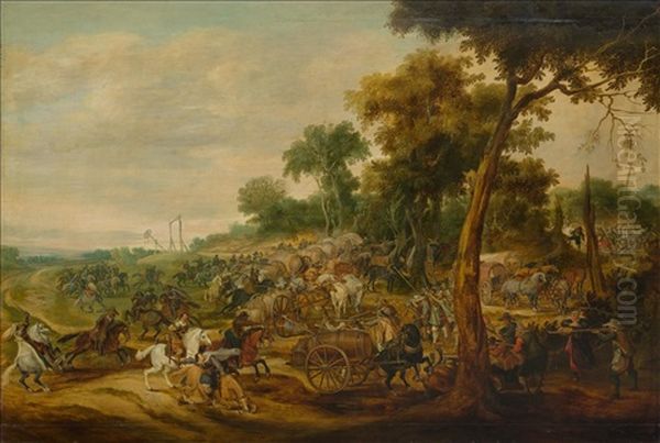 Broad Landscape With Equestrian Battle Oil Painting by Pieter Snayers