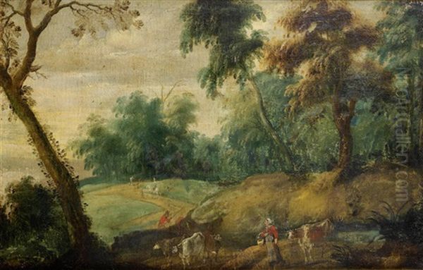 Drovers With Their Flocks On A Country Path; And An Extensive Pastoral Landscape With A Horseman And Other Figures (2) Oil Painting by Pieter Snayers