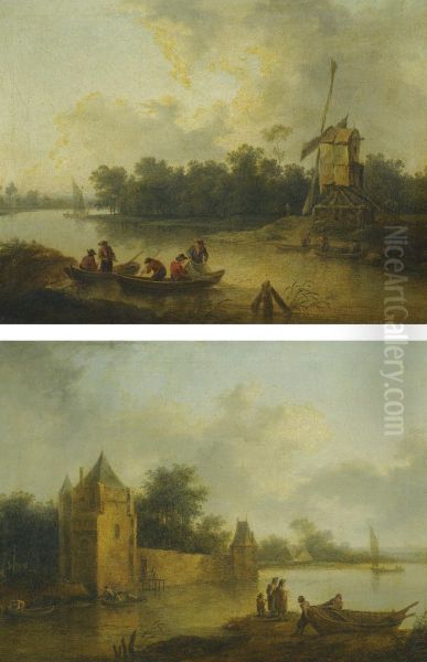 River Landscape With A Windmill Oil Painting by Christian Hilfgott Brand