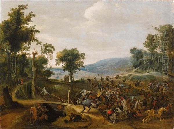 Eine Jagd In Einer Flusslandschaft (+ Schlachtenszene In Einer Hugeligen Landschaft; Pair) Oil Painting by Pieter Snayers