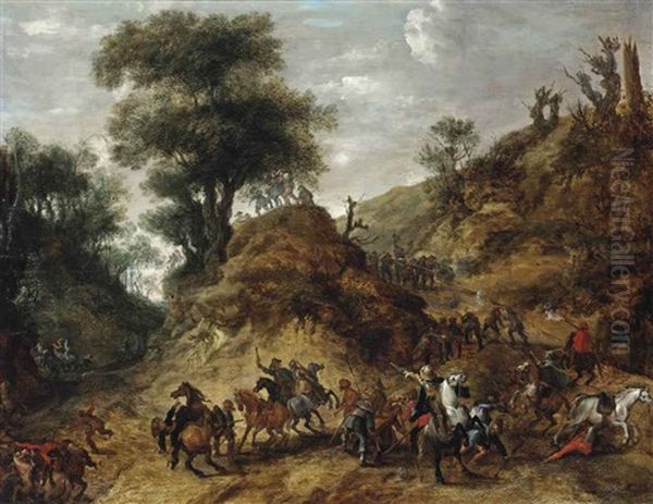 Horsemen Under Siege On The Slope Of A Hill Oil Painting by Pieter Snayers