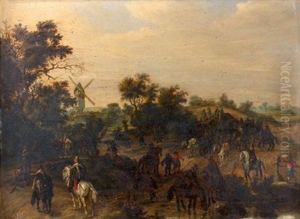 Halte D'un Convoi Accompagne De Militaires Devant Une Riviere Oil Painting by Pieter Snayers