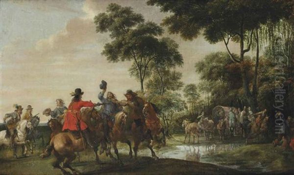 Highwaymen Raiding A Tilt Car By A Forest Stream by Pieter Snayers