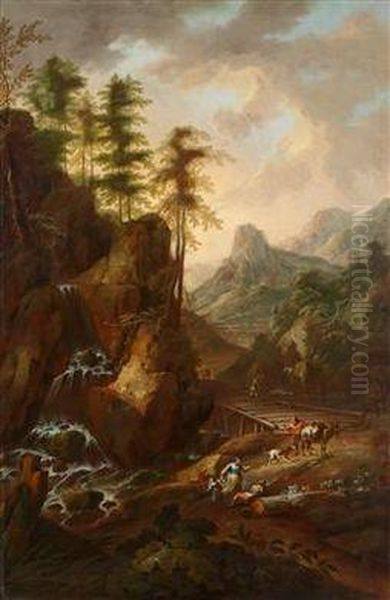 Gebirgslandschaft Mit Reisenden An Einem Steg Oil Painting by Christian Hilfgott Brand