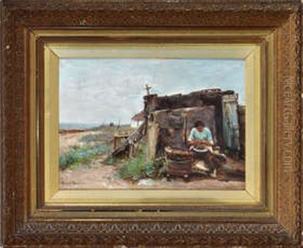 A Fisherwoman Seated By A Smoke House On A Beach Oil Painting by James Herbert Snell