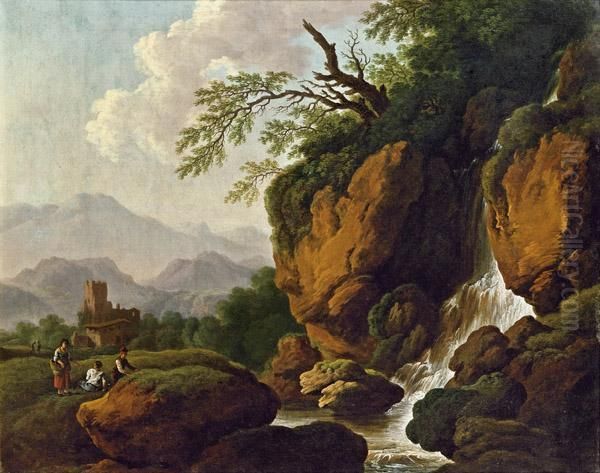 Landschaft Mit Wasserfall Und Staffage Oil Painting by Christian Hilfgott Brand