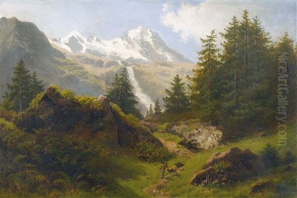 Gebirgslandschaft Mit Hirt Und Drei Schafen Oil Painting by Rudolf Snell