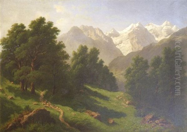 Bergeres Cheminant Dans Les Alpes Oil Painting by Rudolf Snell