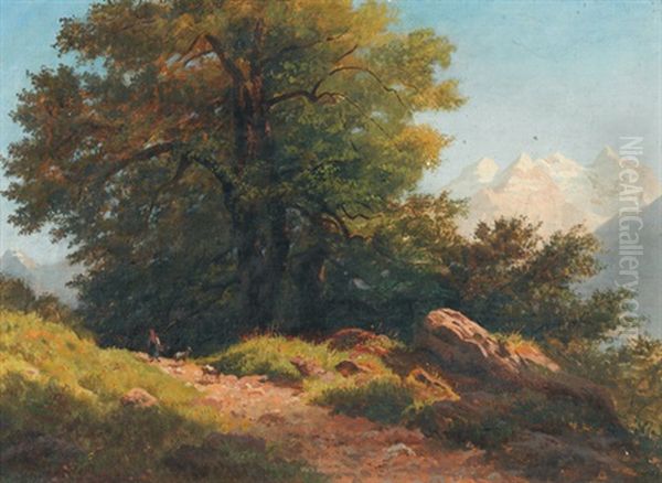 Partie Im Berner Oberland Mit Hirtin Und Ziegenpaar Oil Painting by Rudolf Snell