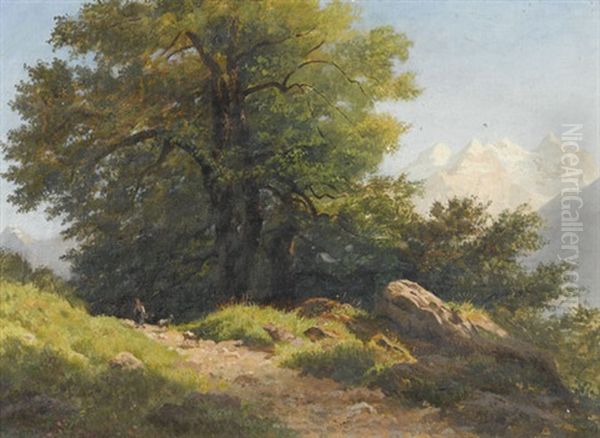 Partie Im Berner Oberland Mit Hirtin Und Zwei Ziegen Oil Painting by Rudolf Snell