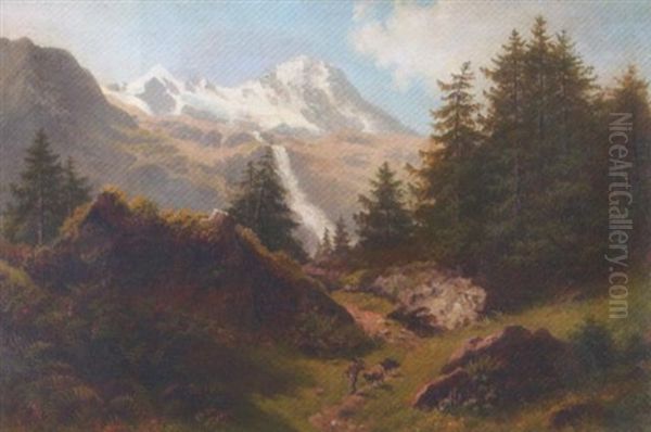 Wilde Gebirgslandschaft Mit Hirte Und Drei Schafen Oil Painting by Rudolf Snell