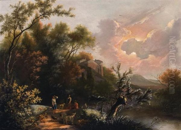 An Italianate Landscape With Shepherds Stopping To Rest On A Road Oil Painting by Jan Snellinck III