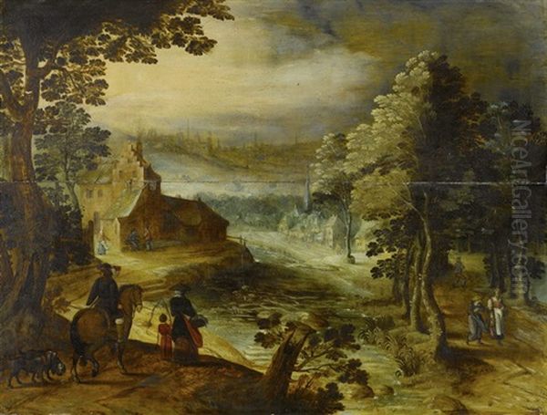 Waldweg Mit Weiher Mit Ausblick Auf Ein Dorf Oil Painting by Jan Snellinck the Elder