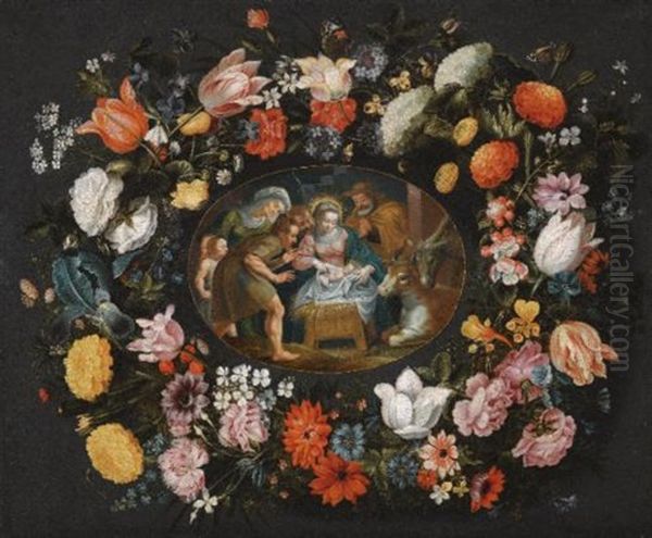 Adoration Of The Shepherds Surrounded By A Garland Of Flowers Oil Painting by Andrea (Andries) Snellinck