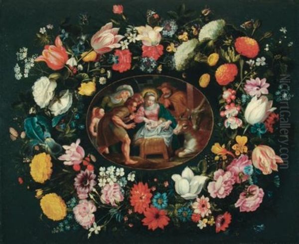 Adoration Of The Shepherds Surrounded By A Garland Of Flowers Oil Painting by Andrea (Andries) Snellinck