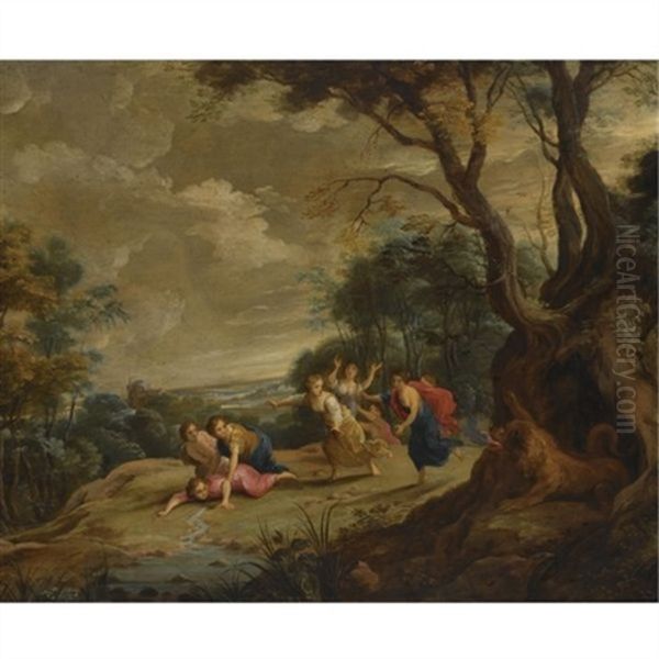 A Wooded Landscape With Maidens Assaulted By A Mythological Beast Oil Painting by Andrea (Andries) Snellinck