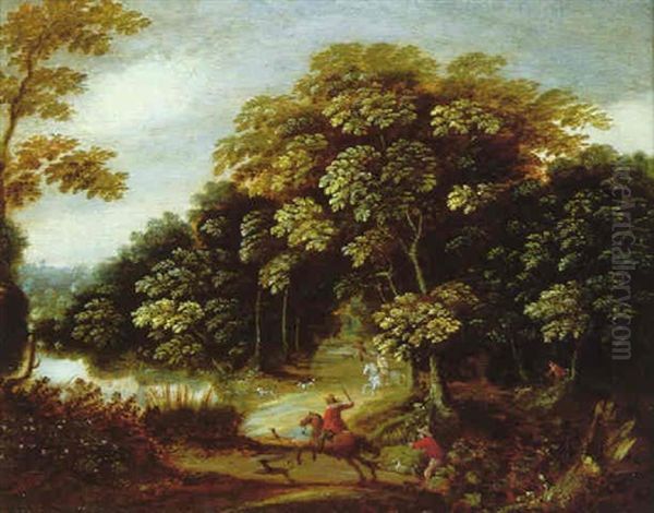 A Hunting Party With Their Dogs In A Wooded River Landscape Oil Painting by Andrea (Andries) Snellinck