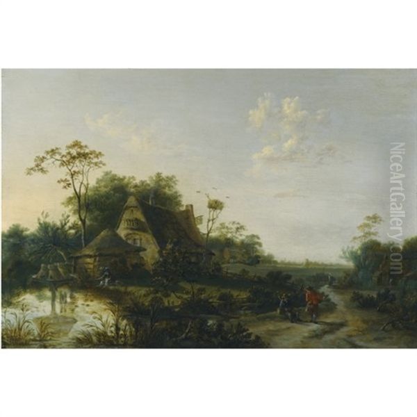 Landscape With Figures Passing By A Cottage And A Pond Oil Painting by Cornelis Snellinck