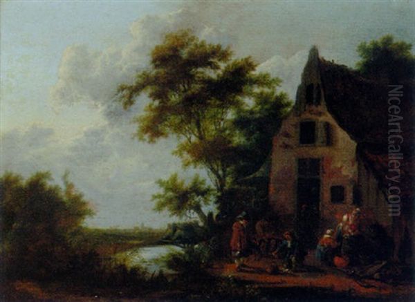 A River Landscape With Figures Before A Cottage With A Man Buying Fish Oil Painting by Cornelis Snellinck