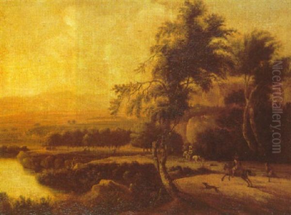 A Wooded Landscape With A Hunting Party Pursuing A Stag, A River And Mountains Beyond Oil Painting by Cornelis Snellinck