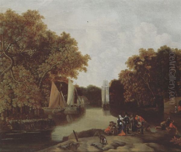 A Wooded River Landscape With Elegant Figures On A River Bank Oil Painting by Cornelis Snellinck