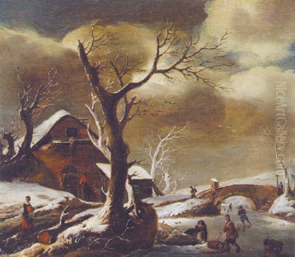 A Winter Landscape With Skaters On A Frozen Waterway Near A Farmhouse by Cornelis Snellinck