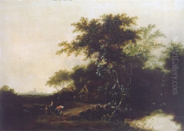 An Evening Wooded Landscape With A Family On A Country Path In The Foreground Oil Painting by Cornelis Snellinck