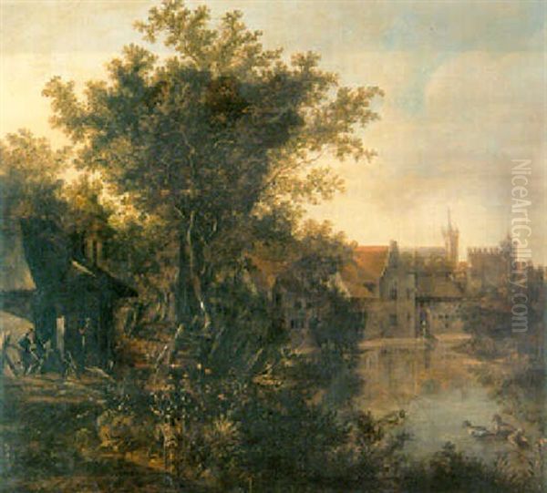 A Wooded River Landscape On The Edge Of A Town by Cornelis Snellinck