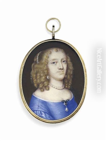 A Young Lady, In White-bordered Blue Dress, Gem-set Drop-pearl Worn At Corsage, Pearl Necklace, Earrings And Pearls In Her Fair Curling Hair by Mathew Snelling