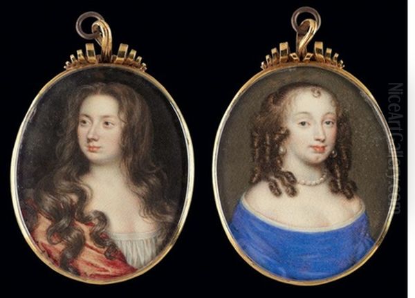 Portrait Of A Lady, Her Brown Hair Dressed In Ringlets, Wearing A Blue Gown And White Chemise And Pearl Jewelry (+ Portrait Of A Lady, Her Brown Hair Cascading Over Her Shoulders, Verso) by Mathew Snelling