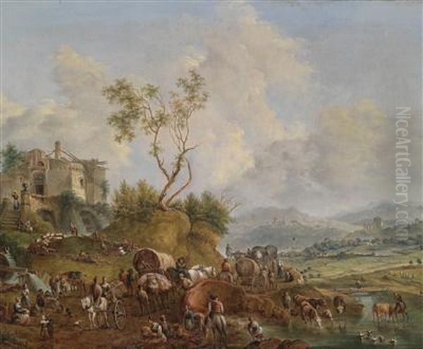 A River Landscape With Numerous Figures And Horse-drawn Vehicles Oil Painting by Johann Christian Brand