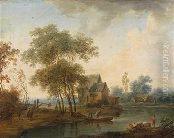 A Landscape With A Farmhouse By A River Oil Painting by Johann Christian Brand