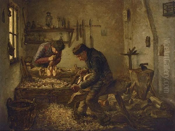 Clog Makers At Work Oil Painting by Jozef van Snick