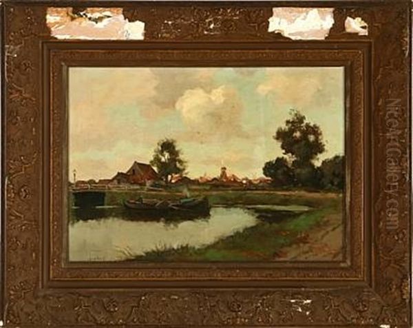 Canal Scene With A Village In The Background Oil Painting by Chris Snijders