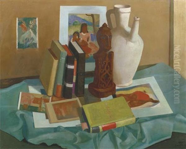 A Still Life With Books On Gauguin, A Jug And An African Sculpture Oil Painting by Chris Snijders