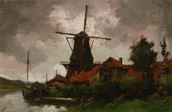 A Barge Moored By A Windmill On A Dutch Waterway Oil Painting by Chris Snijders