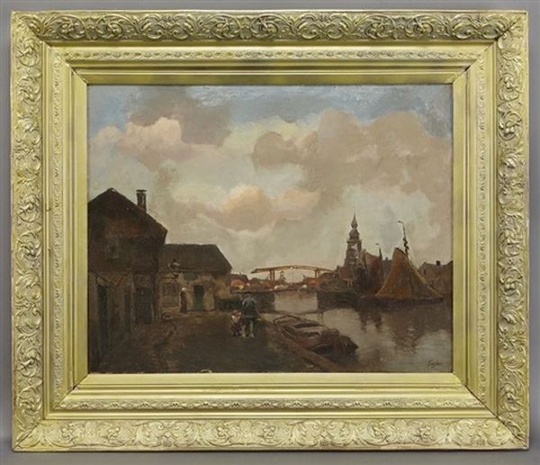 Dutch Canal Scene Oil Painting by Christiaan Snijders