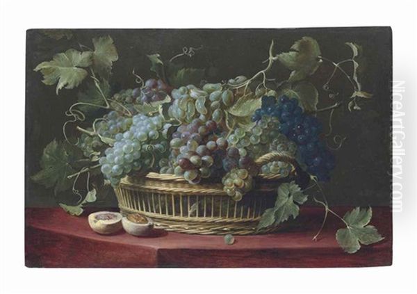 A Basket Of Grapes With A Halved Peach On A Ledge Oil Painting by Frans Snijders