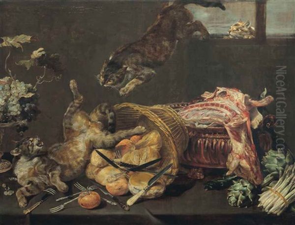 Cats Fighting In A Larder, With Loaves Of Bread, A Dressed Lamb, Artichokes And Grapes Oil Painting by Frans Snijders