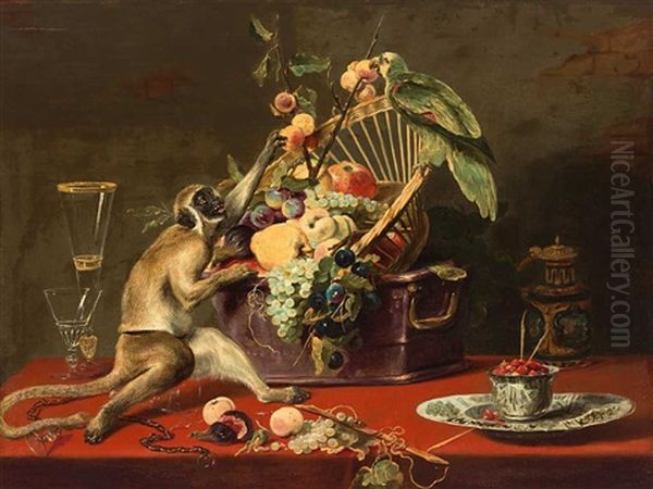 Prachtiges Fruchtestilleben Auf Einem Geschmuckten Tisch Mit Naschendem Affchen Und Papagei Oil Painting by Frans Snijders